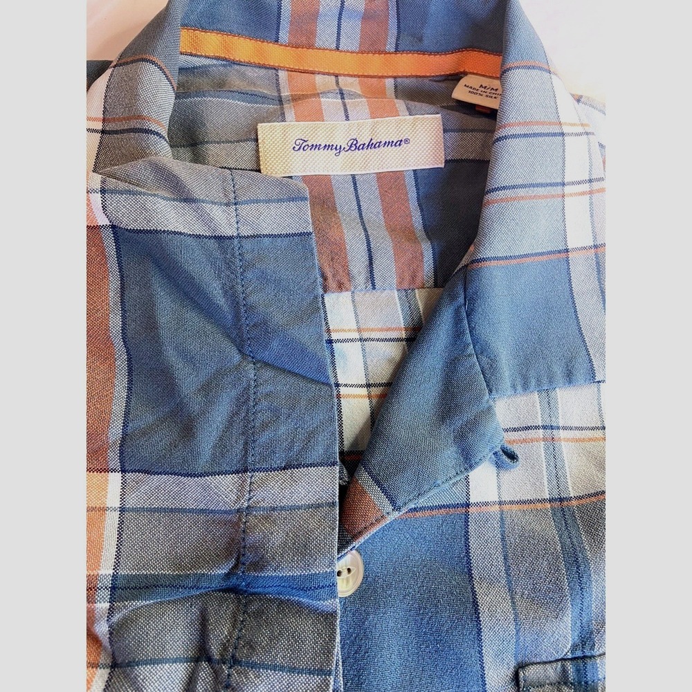 Tommy Bahama Mens Blue Orange Plaid 100% Silk Short Sleeve Camp Shirt Medium